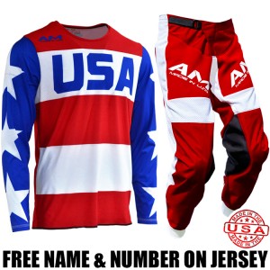 AM Gear Combo: USA 2.0 Pro Jersey/ Vented Moto Pants Red/ White/ Blue